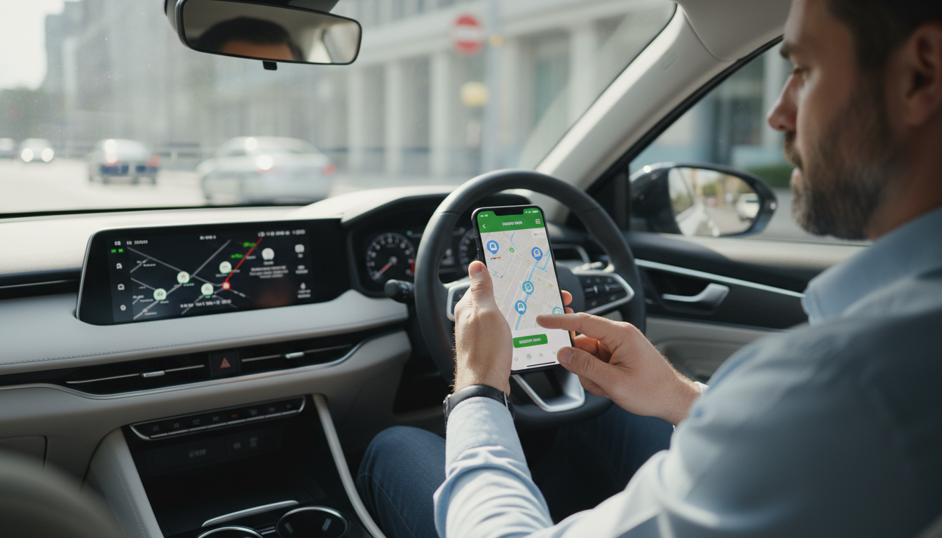 A professional driver behind the wheel using the GetMeDriver Driver App