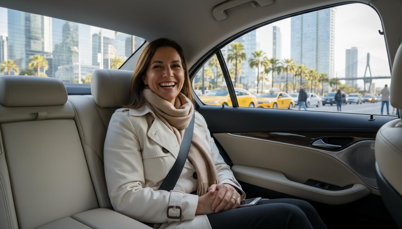 A rider relaxing in the back seat of a car