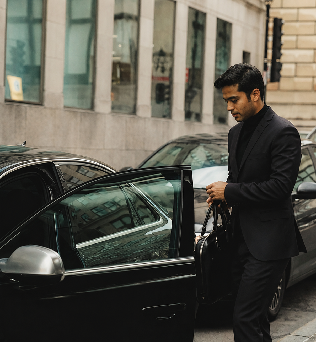 A professional driver in a suit opening a car door for a rider